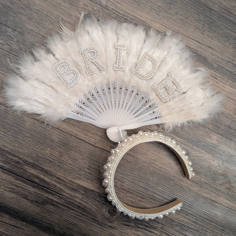 REVOLVE White Feather Bride Fan Pearl Headband Hair Accessory Wedding Day